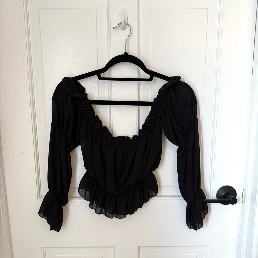 PrettyLittleThing Black Puff Sleeve Ruffled Blouse